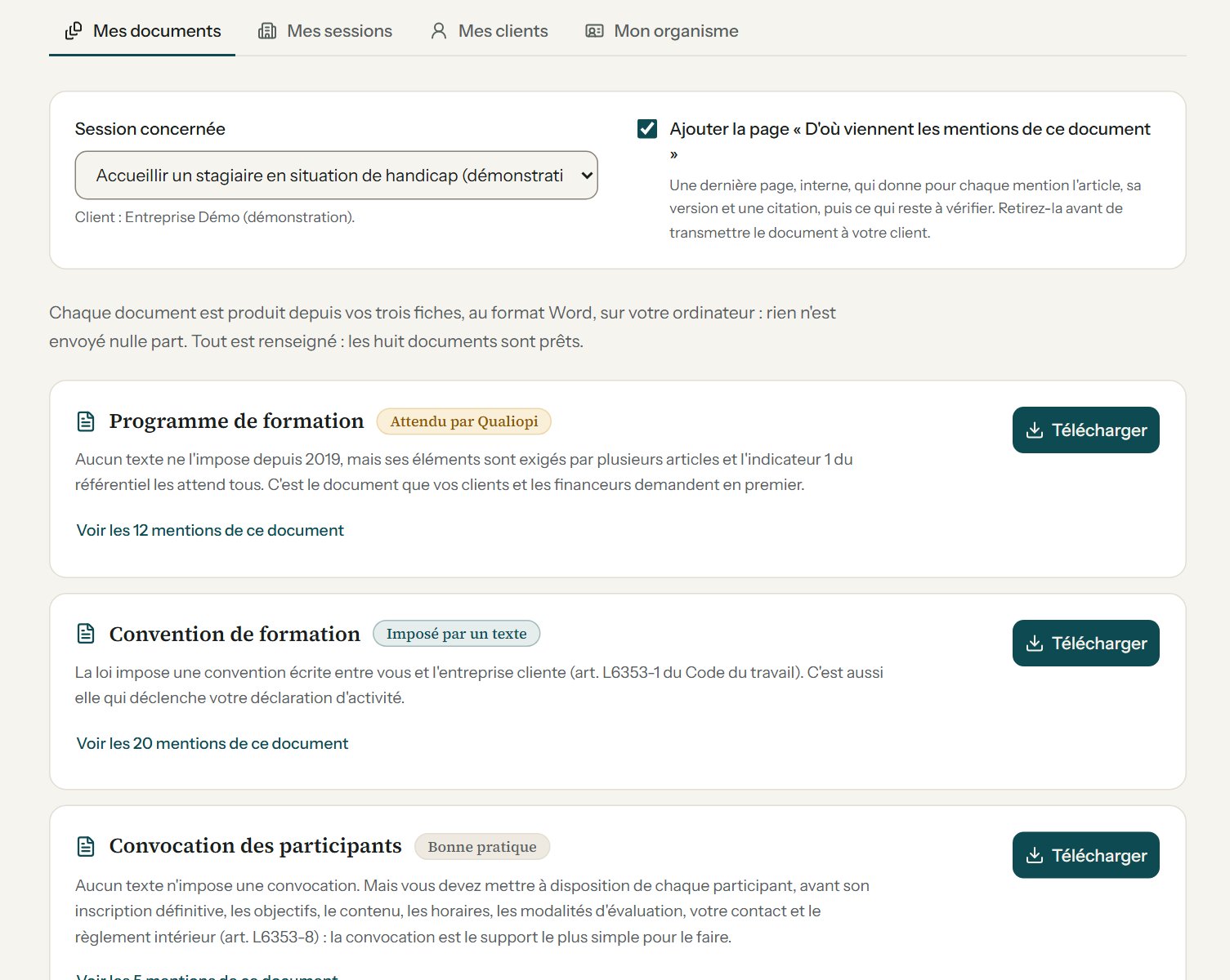 Générateur de documents : pour une session de démonstration, le programme, la convention et la convocation de formation, chacun marqué imposé par un texte, attendu par le référentiel ou bonne pratique, avec le nombre de mentions sourcées et un bouton de téléchargement au format Word.