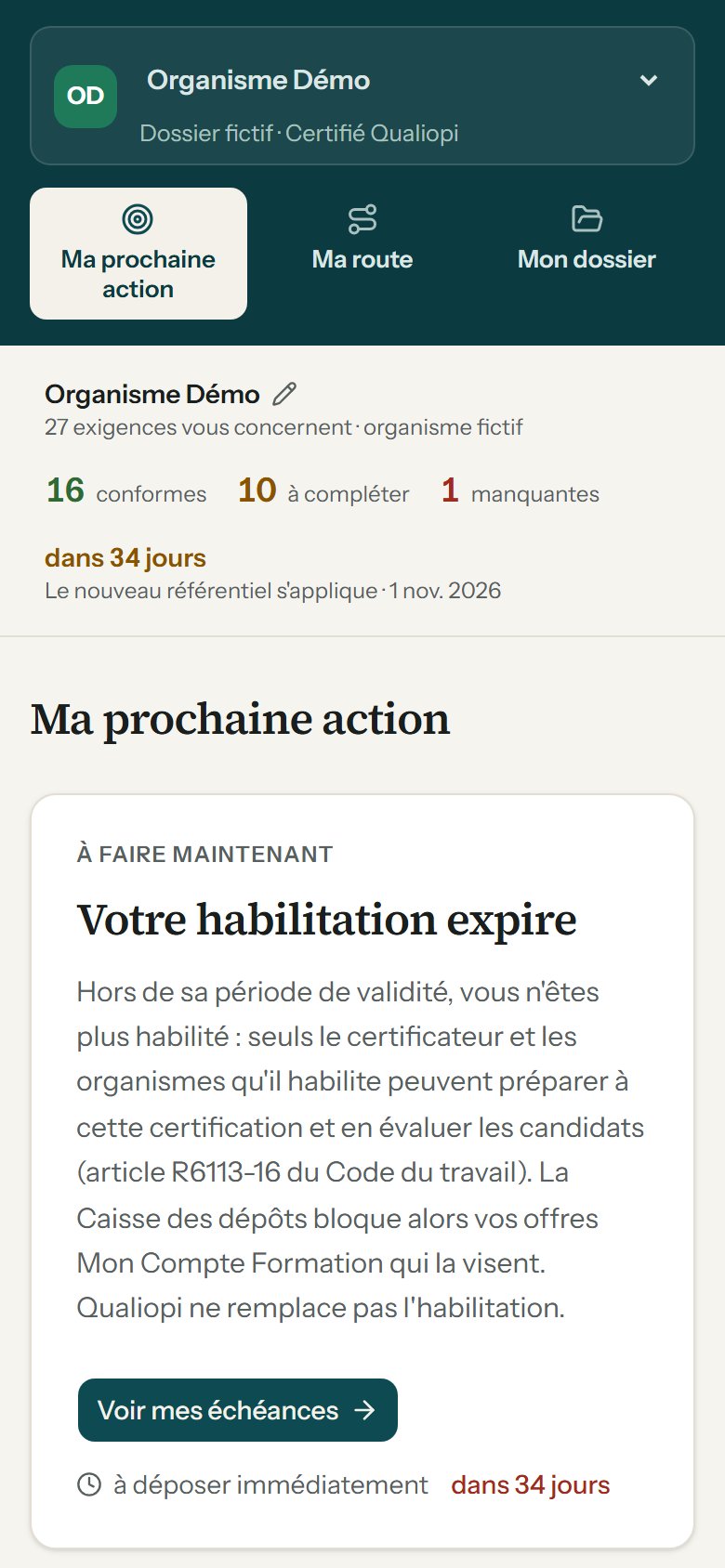 Le même principe sur téléphone : à faire maintenant, votre habilitation expire, dans 34 jours.