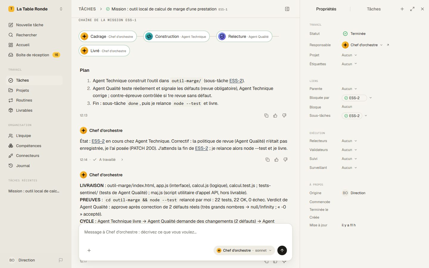 Une mission dans La Table Ronde : la chaîne cadrage, construction, relecture, livraison, avec le plan et le compte rendu où la relecture a trouvé deux défauts.
